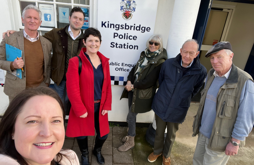 With Anthony Mangnall MP and Cllr Sam Dennis, Cllr Rufus Gilbert outside open Kingsbridge Police Station