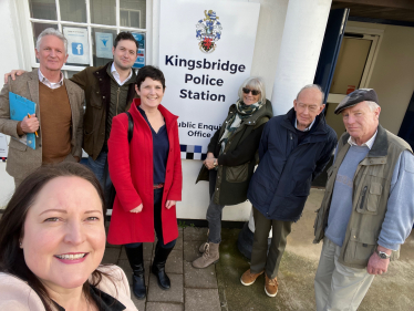 With Anthony Mangnall MP and Cllr Sam Dennis, Cllr Rufus Gilbert outside open Kingsbridge Police Station